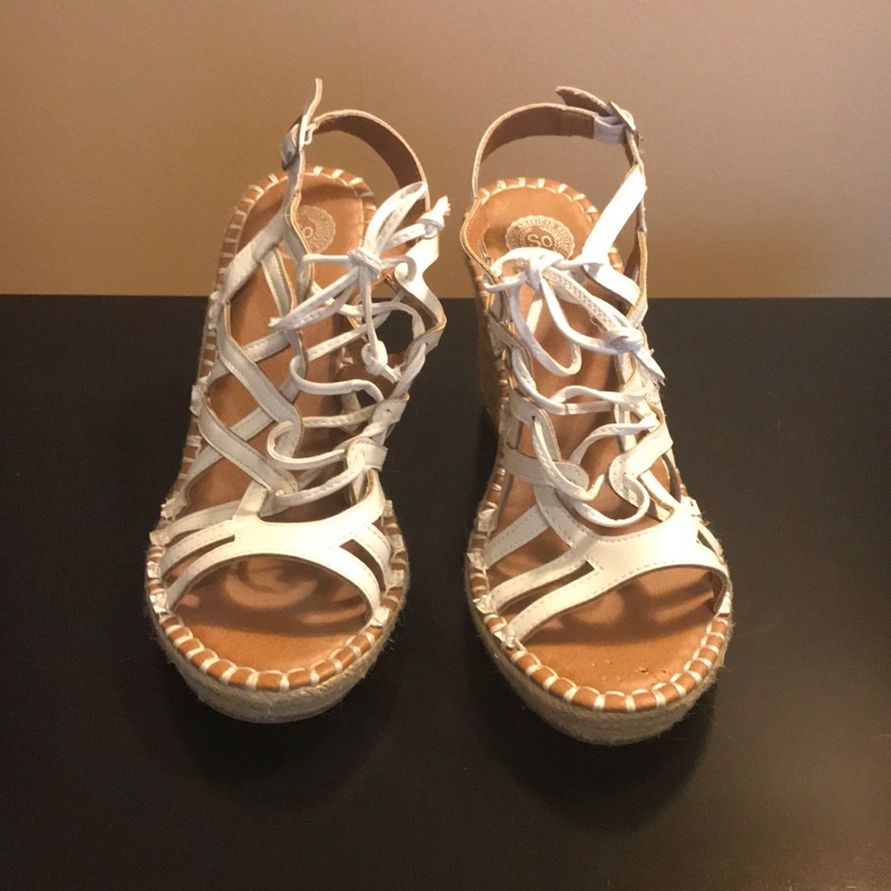 Faux leather tie up wedges